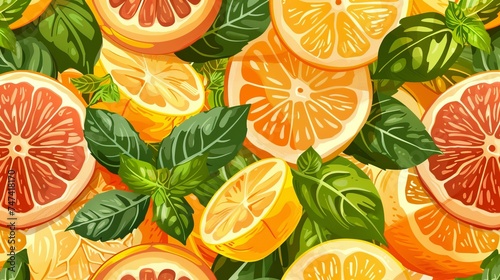 Lemon, oranges, grapefruit slice, basil leaves seamless pattern rasterized copy 