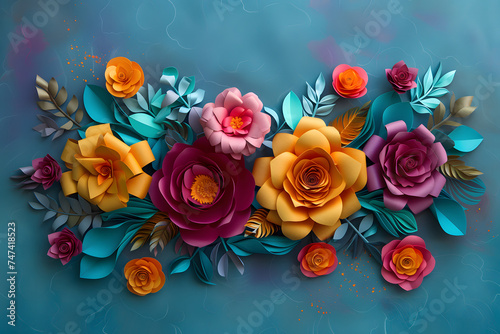 Colorful handmade paper flowers with leaves and branches on a blue background. Vibrant and flat light turquoise composition with copy space.