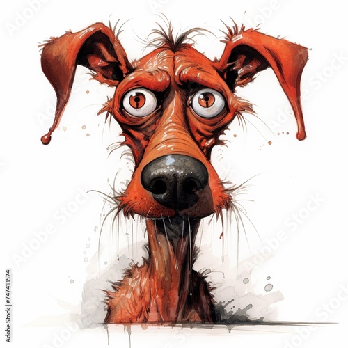 The dog has large, floppy ears and a long, skinny muzzle. It is looking up at the viewer with a comical expression on its face. The dog is isolated on a white background.