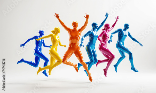 Group of colorful happy excited people figures jumping in air on white. Diversity, multicultural society, unity