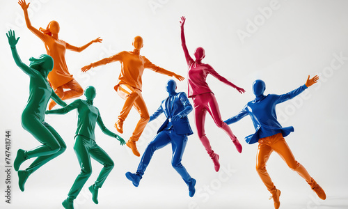 Group of colorful happy excited people figures jumping in air on white. Diversity  multicultural society  unity