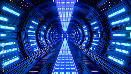 Futuristic Tunnel with Blue Lights, Modern Design Corridor, Concept of Speed and Technology