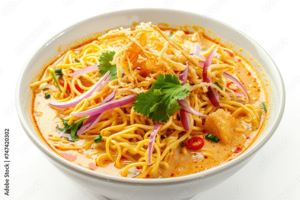 khao soi with chicken. traditional soup of northern cuisine of Thailand, Chiang Mai.. vegetarian coconut milk noodle soup on white background. Deep fried noodles on top of the soup. khao soi with chicken. traditional soup of northern cuisine of Thailand, Chiang Mai.. vegetarian coconut milk noodle soup on white background. Deep fried noodles on top of the soup.
