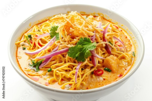 khao soi with chicken. traditional soup of northern cuisine of Thailand, Chiang Mai.. vegetarian coconut milk noodle soup on white background. Deep fried noodles on top of the soup.