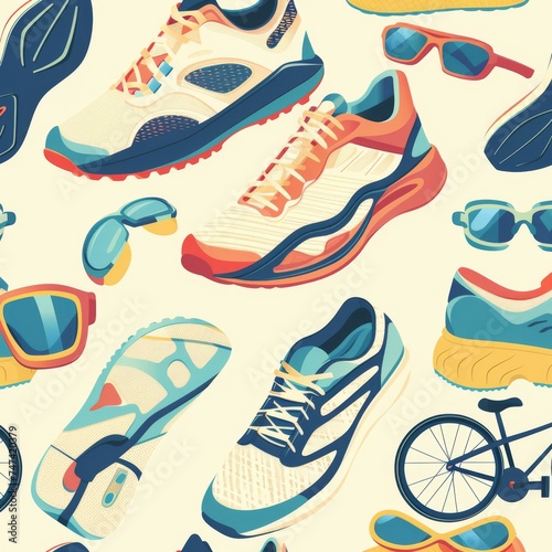 pattern with healthy lifestyle icons  running sneakers  swimming goggles  bicycle. ai generated