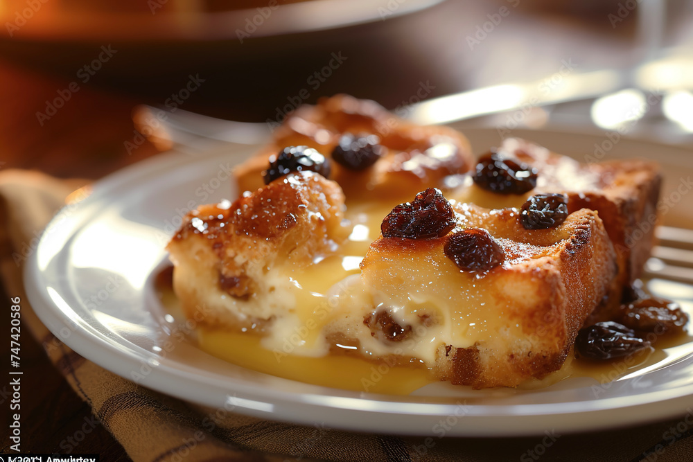 A plate of bread and butter pudding, a traditional British dessert made from stale bread, raisins, and custard