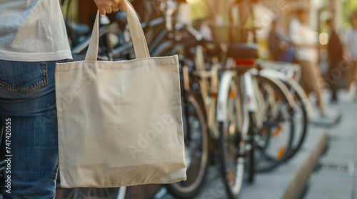 A person holding a canvas bag while standing next to a row of bicycles, promoting eco-conscious transportation and lifestyle choices, person holding bag canvas fabric for mockup bl photo
