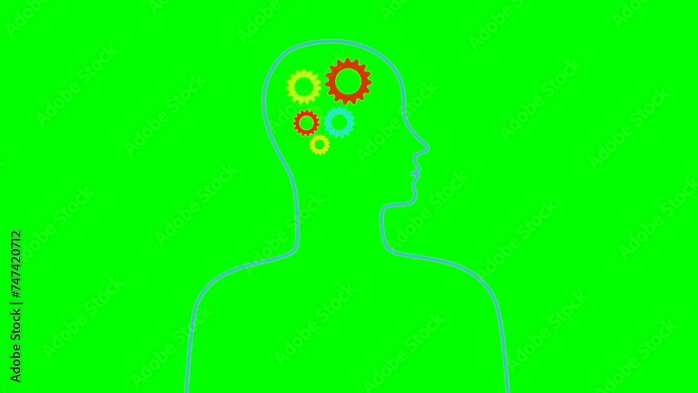 Gears of different colors are spinning in a human head Artificial intelligence AI silhouette on a green chromakey background Gears of different colors are spinning in a human head Artificial intelligence AI silhouette on a green chromakey background