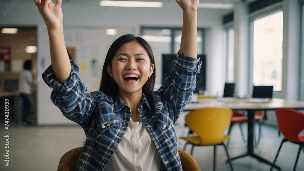 Asian woman very happy and excited doing winner gesture with arms raised Asian woman very happy and excited doing winner gesture with arms raised