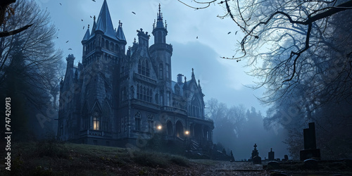 Gothic castle at twilight with mist and crows. Spooky Halloween theme © spyrakot