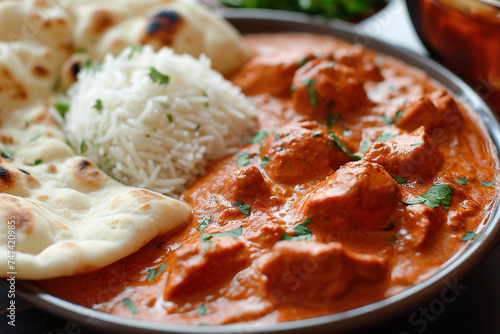 A plate of butter chicken, a popular Indian dish made with chicken in a spiced tomato-based sauce. The dish is usually served with rice or naan bread.