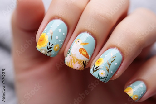 Female hand with a nail design on the Easter theme.