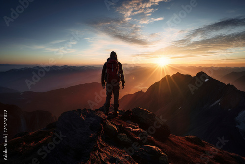 Adventurer standing on mountain peak at sunrise