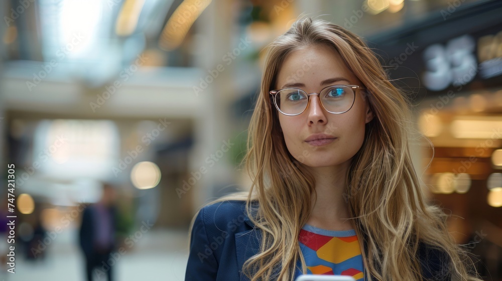 We see a 35 year old woman, she is pretty and has long blonde hair and wears glasses with clear lenses. She wears a modern blue suit, urban and casual style with a colorful t-shirt. She is standing