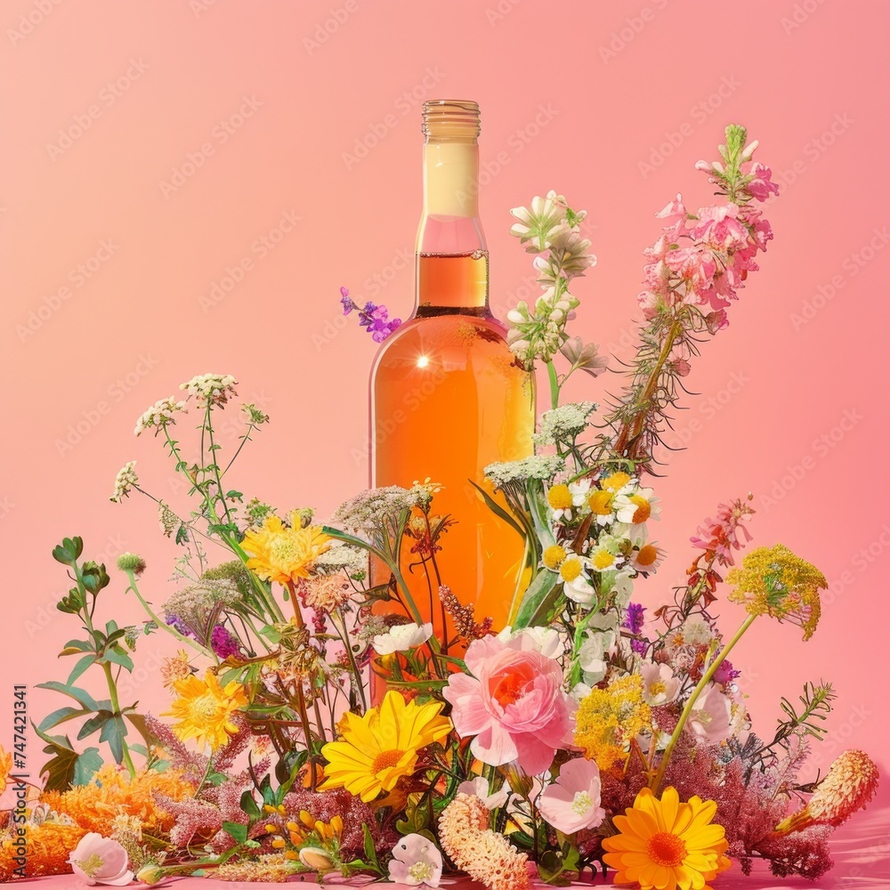 A bright floral arrangement surrounds a pale rose wine bottle on a pink background, evoking a springtime celebration