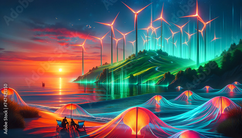 A serene beachscape at dusk  with glowing wind turbines on a hill and people enjoying the view under radiant umbrellas  AI-generated.