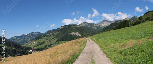 Panorama above alpine town of Flumet (Savoy, France) from Champagne road in summer 2008