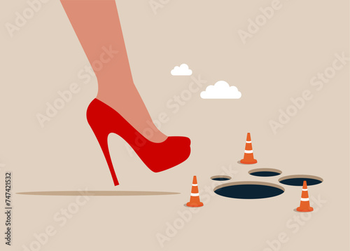 Young female avoid pitfall, adversity and brave to jump pass mistake or business failure. Flat vector illustration