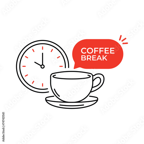 Fototapeta Naklejka Na Ścianę i Meble -  coffee break icon with red speech bubble. simple linear graphic banner design abstract logotype element isolated on white. concept of easy break at work or at home to drink a mug of hot tasty coffe