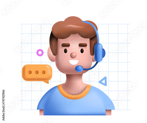 Customer service, support and call center concept. Operator avatar wearing headset talking by microphone and chatting with client. 3d realistic character. Vector illustration. 