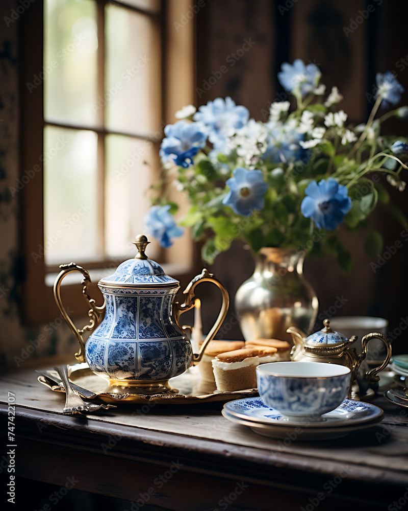 Still life: cute Nordic style coffee set and a vase with flowers near the window