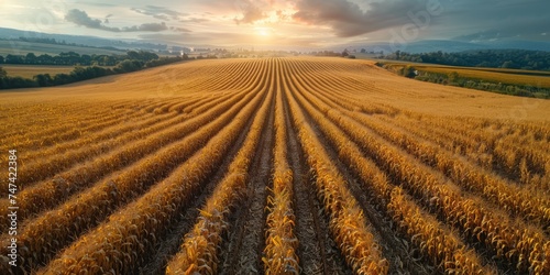 Aerial view of an expansive agricultural farm against a picturesque sky.