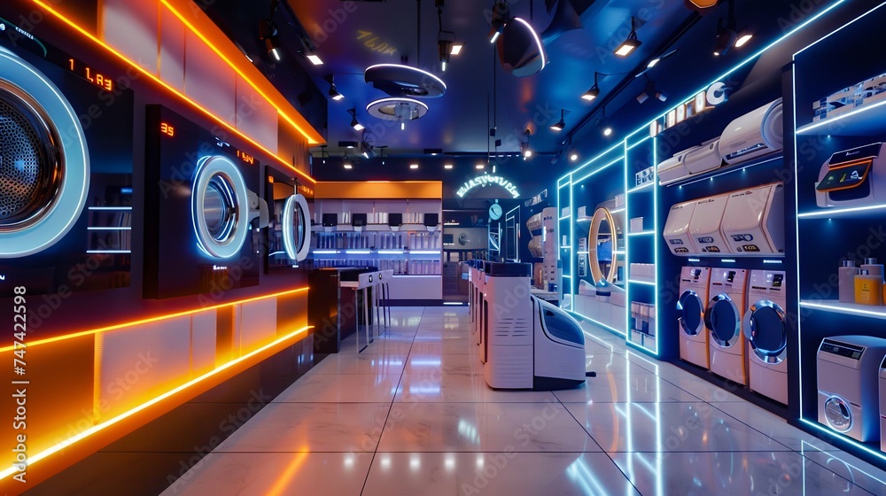 High-Tech Electronic Store with Futuristic Neon Lighting. Generative ai High-Tech Electronic Store with Futuristic Neon Lighting. Generative ai