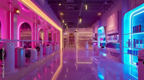 High-Tech Electronic Store with Futuristic Neon Lighting. Generative ai