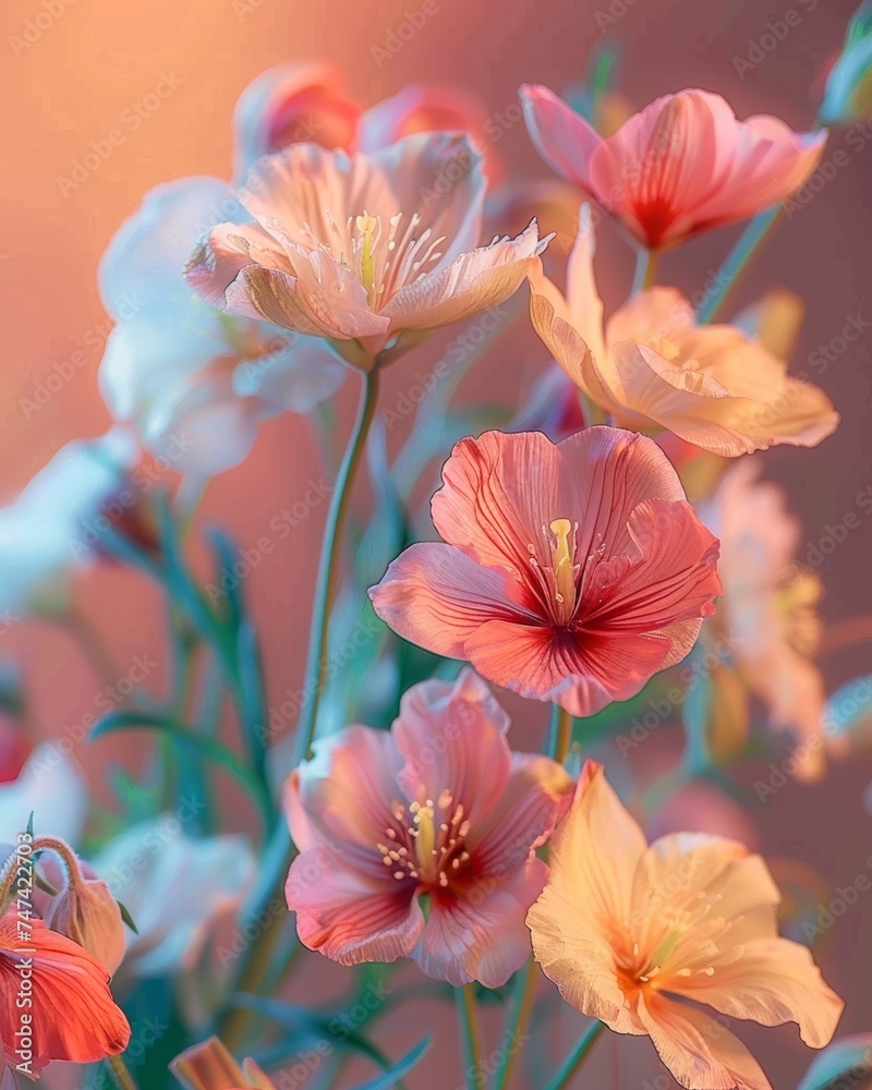 a serene and vibrant spring scene in a garden, where a multitude of flowers like lilies and geraniums sway gently in the breeze, showcasing a kaleidoscope of colors with pinks, purp a serene and vibrant spring scene in a garden, where a multitude of flowers like lilies and geraniums sway gently in the breeze, showcasing a kaleidoscope of colors with pinks, purp