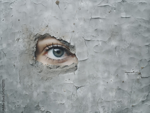 a blue eye looks through a hole in a plastered wall with lots of texture