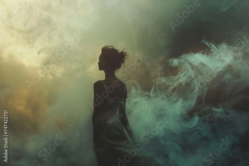 Silhouette of ethereal images beauty woman in the misty
