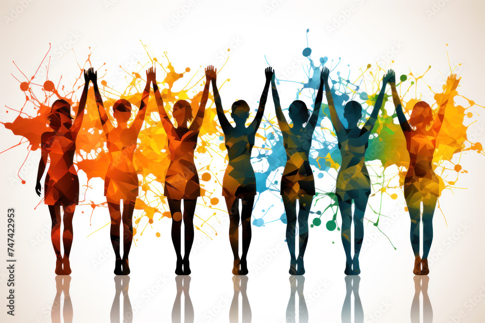silhouettes of women holding hands against a background of bright splashes of multicolored watercolor paints, concept of women's solidarity - obrazy, fototapety, plakaty 