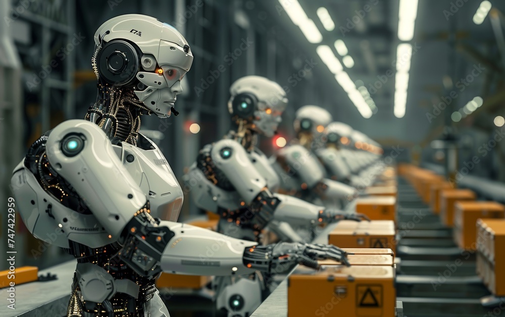 Robots working together in a factory assembly line Robots working together in a factory assembly line
