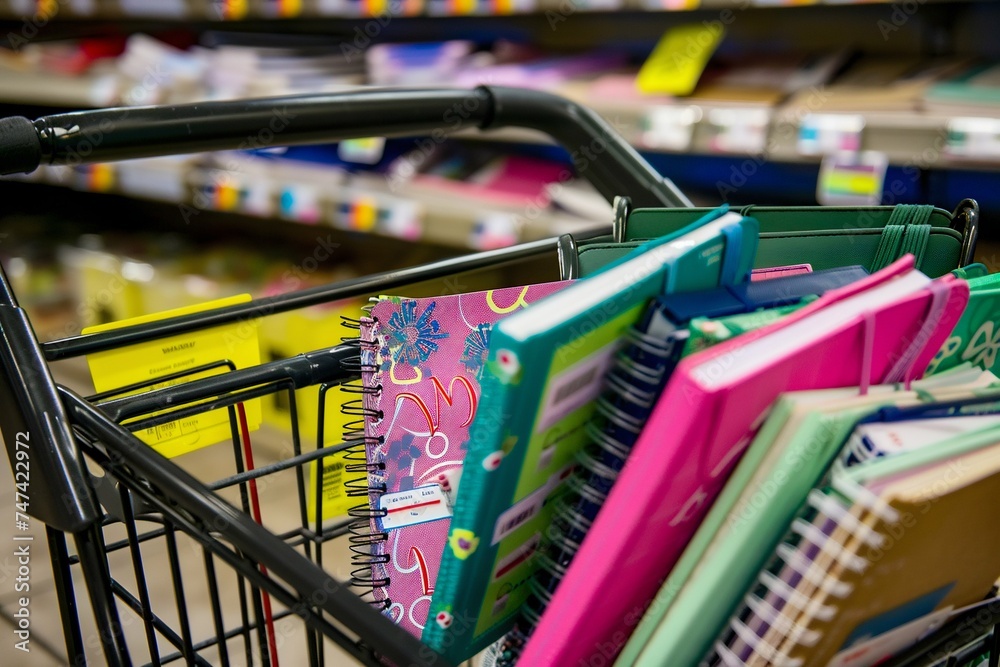 Colorful Notebooks in Shopping Cart in Stationery Store. Generative ai