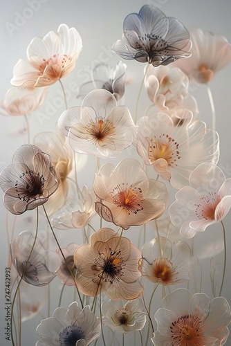 smoke poluted flowers, frosted glass - ethereal petals, pastel tones, white, biege and silver photo