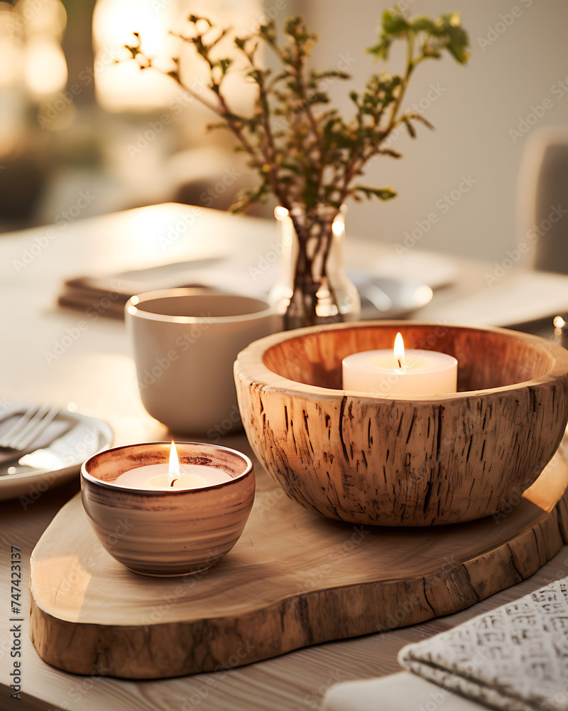 Tabletop on cozy wooden table with ceramic plates, cups and bowls and burning candles