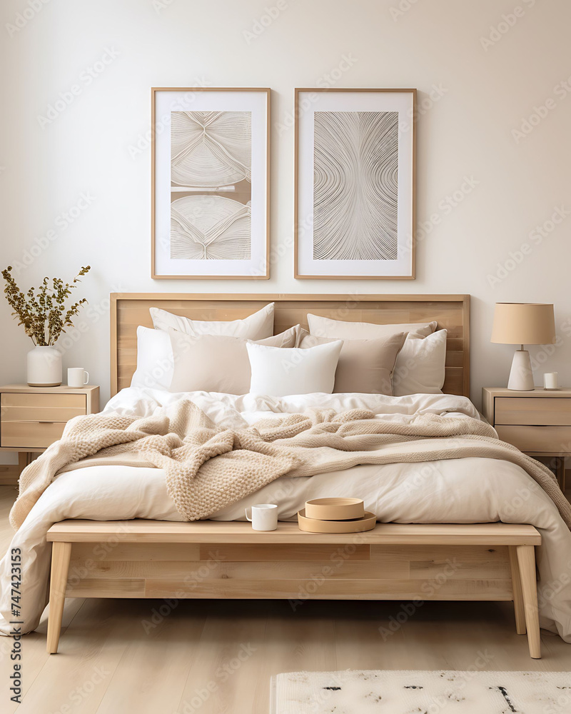 Bedroom with headboard made of decorative light wooden slats, modern and cozy style Bedroom with headboard made of decorative light wooden slats, modern and cozy style