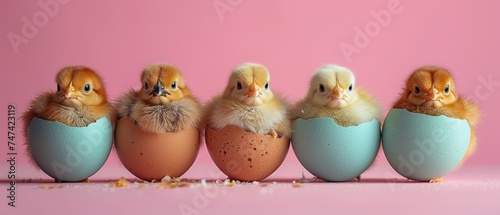 Playful baby chicks hatching from their eggs photo