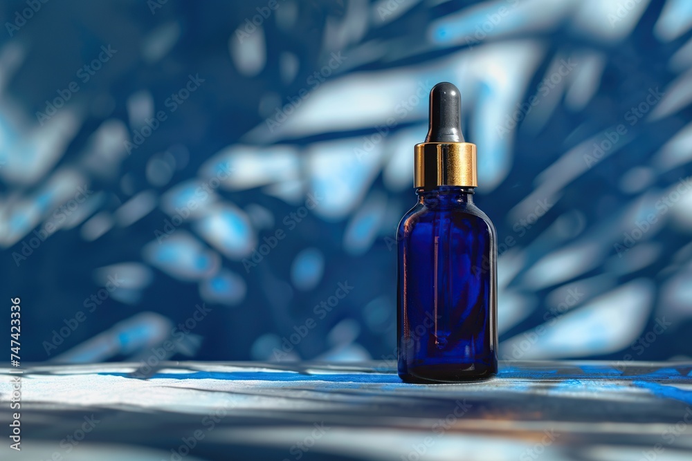 Blue Serum Bottle Amidst Palm Leaf Shadows Blue Serum Bottle Amidst Palm Leaf Shadows