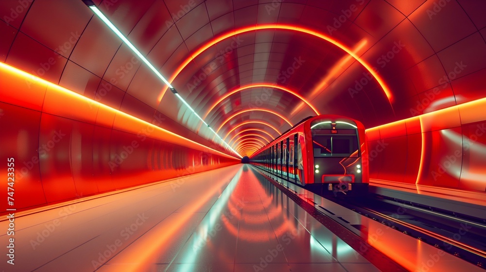 Modern Train Gliding Through a Sunset Cityscape. Generative ai Modern Train Gliding Through a Sunset Cityscape. Generative ai