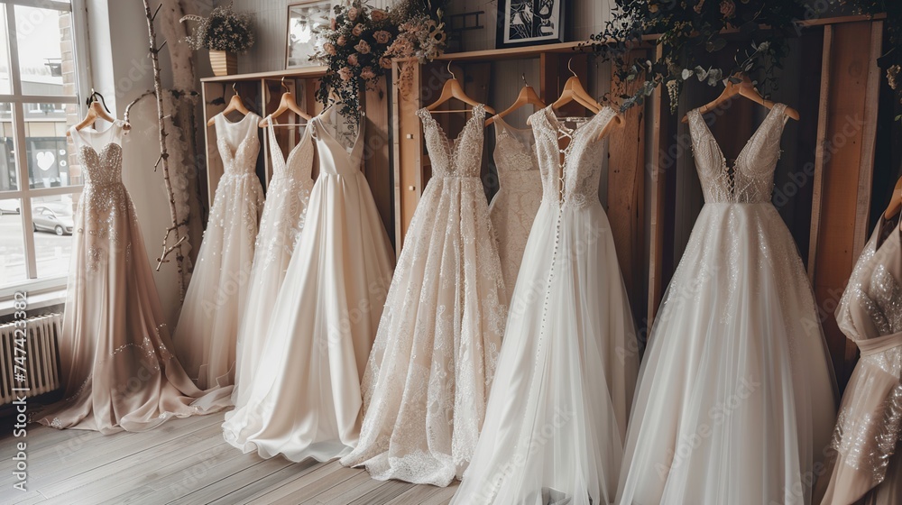 Boutique Interior: Beautiful Wedding Dress Display with Lace Details Boutique Interior: Beautiful Wedding Dress Display with Lace Details