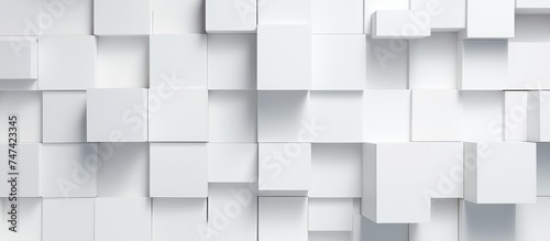 A white wall covered in an array of squares creating a textured pattern. Each square is neatly aligned, adding depth and visual interest to the wall.