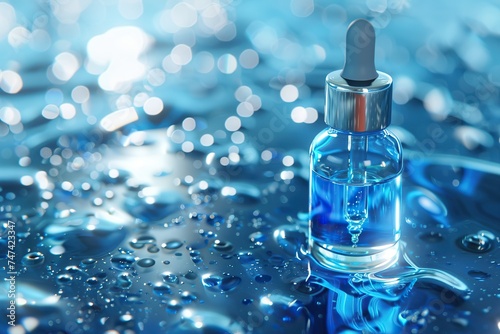 Blue Serum Bottle Amidst Water Droplets