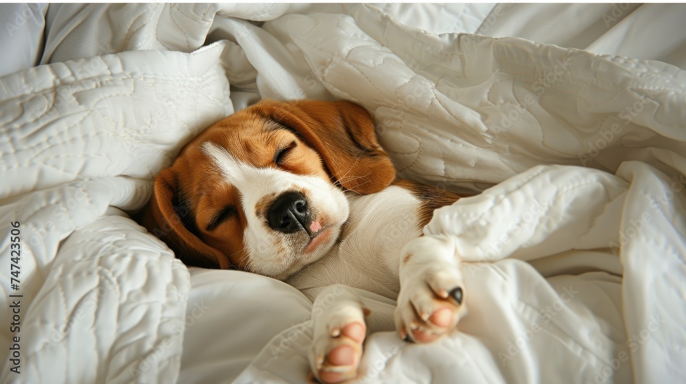 Adorable pet: Cute Beagle puppy sleeping in bed, showcasing the irresistible charm of a cozy canine nap. Adorable pet: Cute Beagle puppy sleeping in bed, showcasing the irresistible charm of a cozy canine nap.