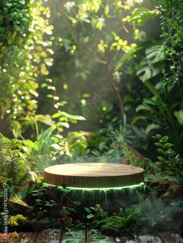 Lush tropical garden in the jungle, bursting with colorful flowers, vibrant leaves on towering trees, and winding stone paths