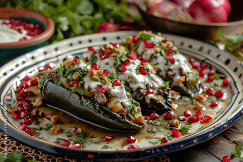 A plate of chiles en nogada, a traditional Mexican dish made with poblano peppers stuffed with meat and dried fruit, topped with a walnut-based cream sauce and pomegranate seeds photo