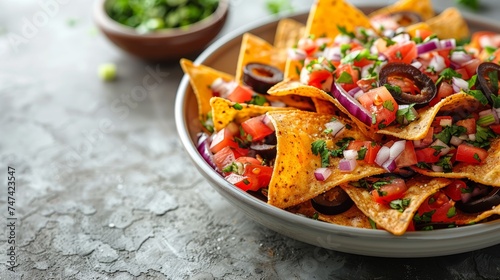 A plate of Mexican nachos served with both salsa and guacamole, showcasing a vibrant array of vegetables, chicken, and spices This delicious dish is a blend of Thai-inspired flavors, featuring green a
