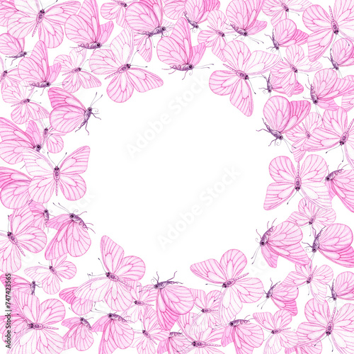 Painted pink butterfly Round frame border. Hand drawn illustration isolated on white background. Painted flying insect with delicate wings elements. For greeting cards, banner, invitation, postcard