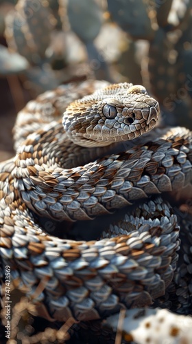 a coiled diamond back rattle snake, head on the bottom, emphasis on rattle tail photo