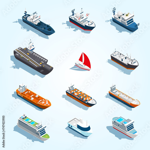ships boats vessels isometric icon set